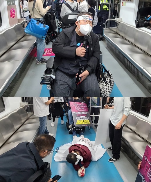 삼각지역에서 혜화역까지 오체투지 진행 중인 전국장애인차별철폐연대. 들어줄 시민 하나 없이 자리는 텅텅 비었다.ⓒ에이블뉴스