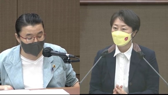 서울시의회 본회의에서 ‘서울시 장애인 탈시설 및 지역사회 정착 지원에 관한 조례’ 찬반 토론을 펼친 시의원들.(왼쪽부터)반대 측 민생당 김소영 시의원, 찬성 측 정의당 권수정 시의원.ⓒ서울시의회 방송캡쳐